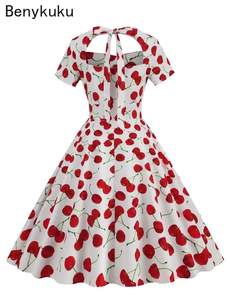 Tie Back High Wasit Cherry Print Vintage Summer Dresses for Women Sweetheart Neck Short Sleeve Backless Cotton Pinup Swing Dress