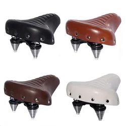 Comfortable Road Bike Seat Soft Wide Thicken Bicycle Saddle Vintage White Black Leather Pad With Spring Cycling Parts