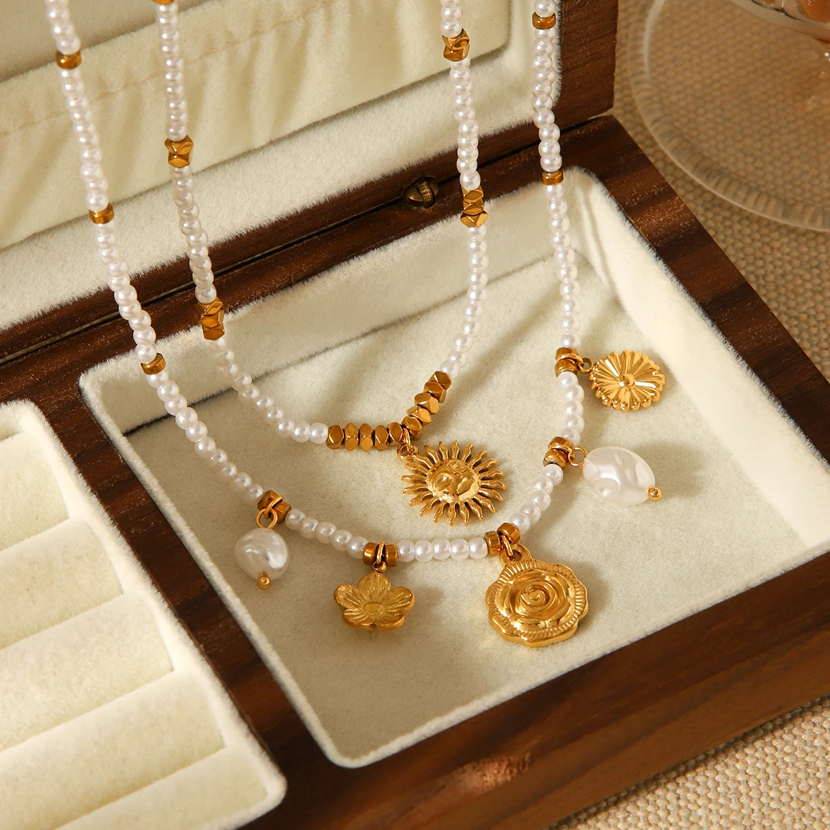 

Huang Chao Fashion Metal Flower Pearl Series Pendant Necklace Women Stainless Steel Handmade Bead Jewelry Gift