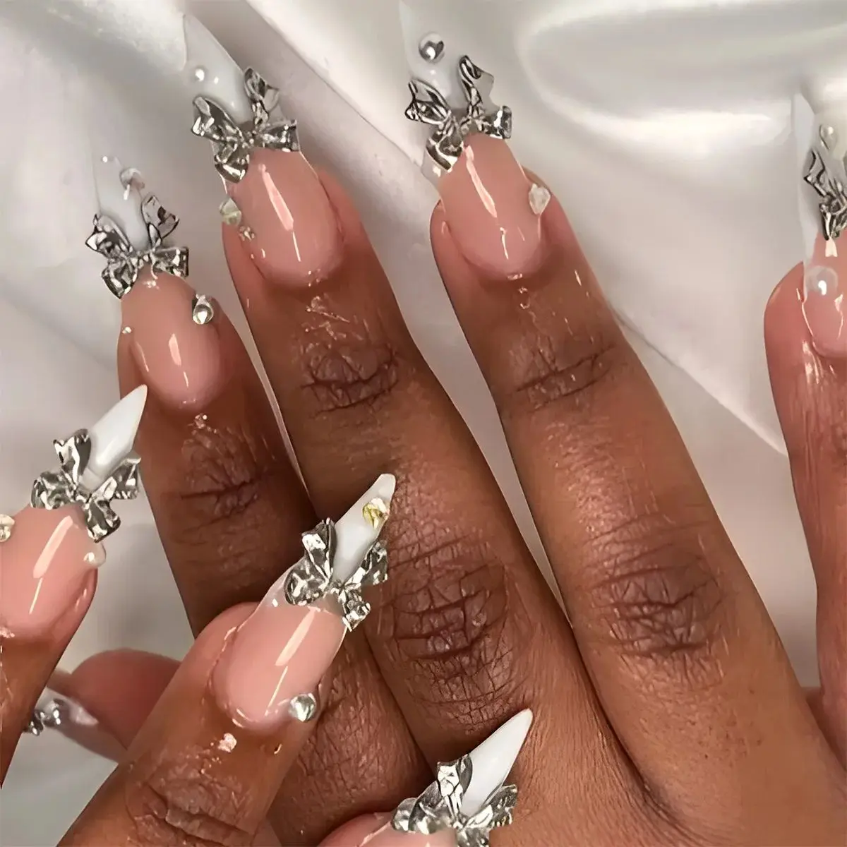 24 pièces français perle ongles presse sur Long bricolage bâton sur ongles Flash diamant couverture complète ongles conseils portable fini ongles ongles