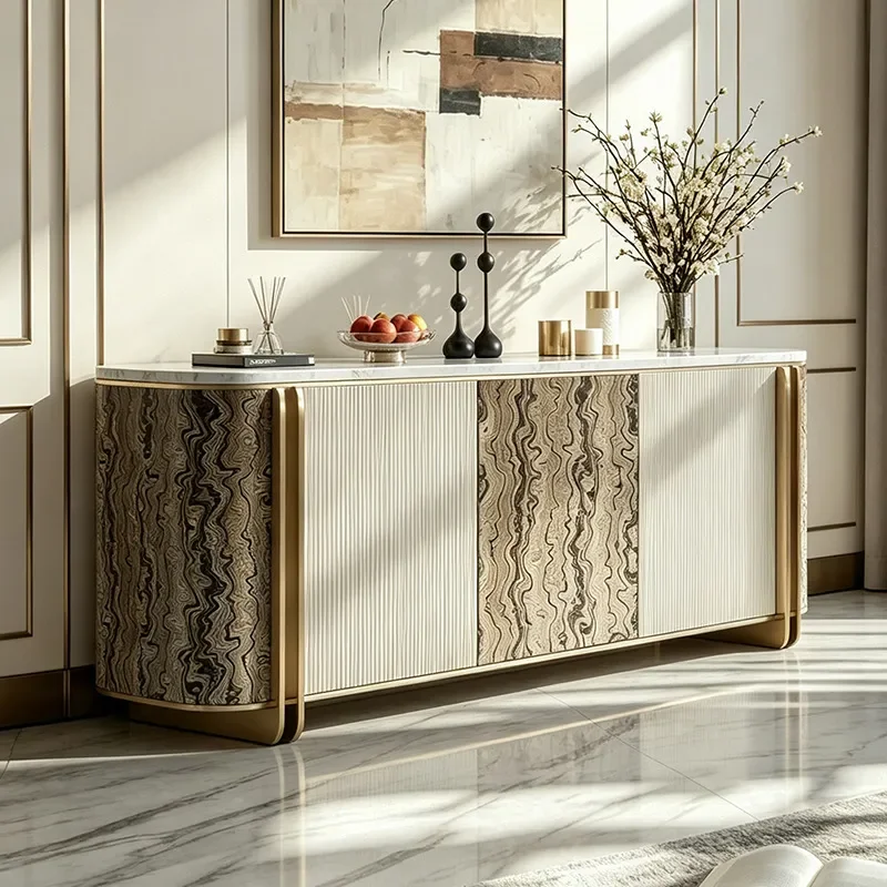 Modern Marble Dining Side Cabinet Living Room Porch Storage Unit High End Burl Wood Locker for Villa Home Decor Furniture