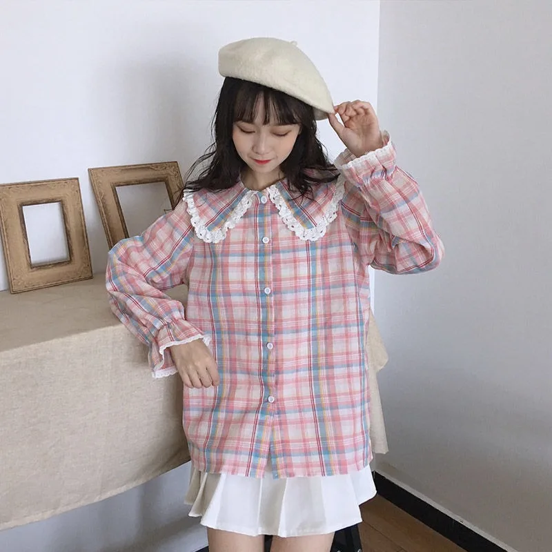 Peter Pan Collar Kawaii Shirts Women Sweet Plaid Girlish Temper Vintage Jaoanese Preppy Clothing Camisas Fashion Aesthetic Teens