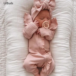 2024 Newborns Girl Baby Jumpsuit Overalls Clothes Kids Matching Long-Sleeved Foot Knitted Stretch Wafflet Costume Autumn Outfit