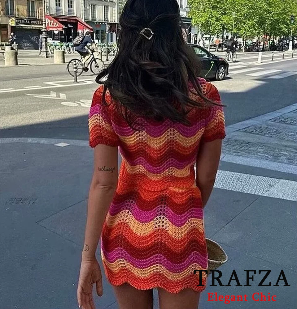 TRAFZA Casual Knitted Short Sleeve Skirt Set Women New 2024 Spring Autumn Fasion Holiday High Street Colorblock Mini Skirt Set