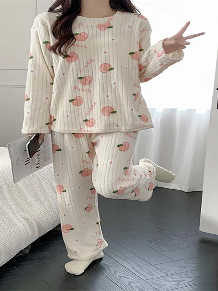 ITOOLIN Autumn Winter Women O-Neck Long Sleeve Pajama Suit 2 Piece Suit Knit Cartoon Warm Coral Fleece Pajamas Set