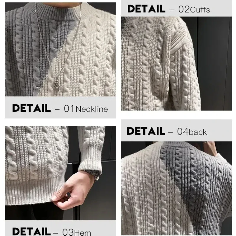 Autumn Winter Sweater Men\'s 2024 New Splicing Half High Collar Screw Thread Fashion Solid Slim Casual Knitted Long Sleeve Tops