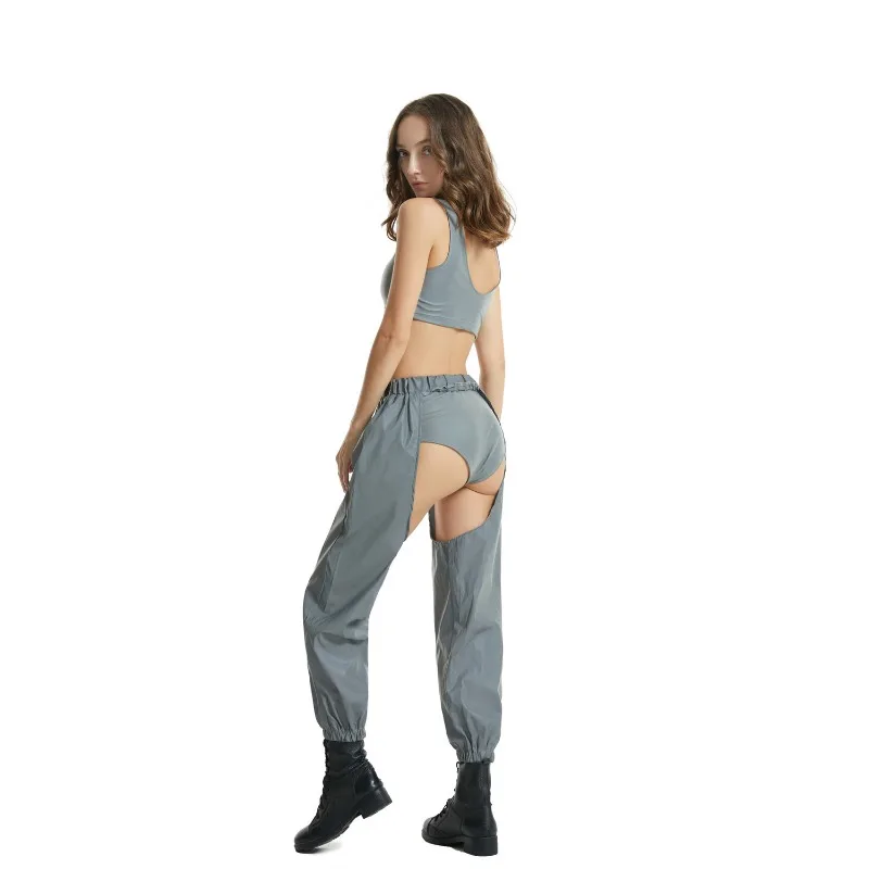 Pantalones reflectantes brillantes oscuros para mujer, pantalones holográficos sexys, ropa para discoteca de baile callejero, pantalones largos con entrepierna abierta, fiesta Rave de Hip Hop
