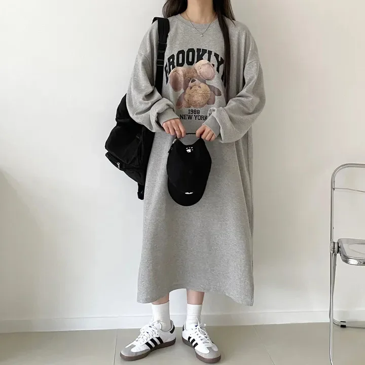 Japanisches Herbst-Winter-Frühlings-Langarm-Dünnes Kleid Damen Fleece-Oberteil Mittellanger Trendiger Rock Übergröße Lässiges Langes Kleid – Detail 12