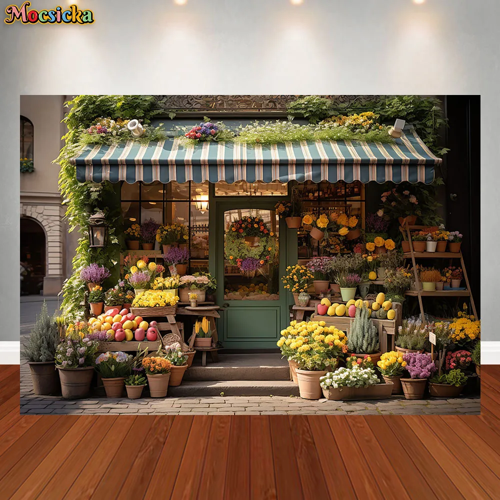 Mocsicka Spring Flower Shop Photography Backdrop Easter Bunny Tulip Garden Colorful Eggs Kids Birthday Portrait Photo Background