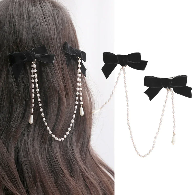 Black Tassel Elegant Vintage Bow Pearl Chain Hairpins Sweet Hair Decorate Headband Hair Clips for Hairpins for Girls Hair Pin