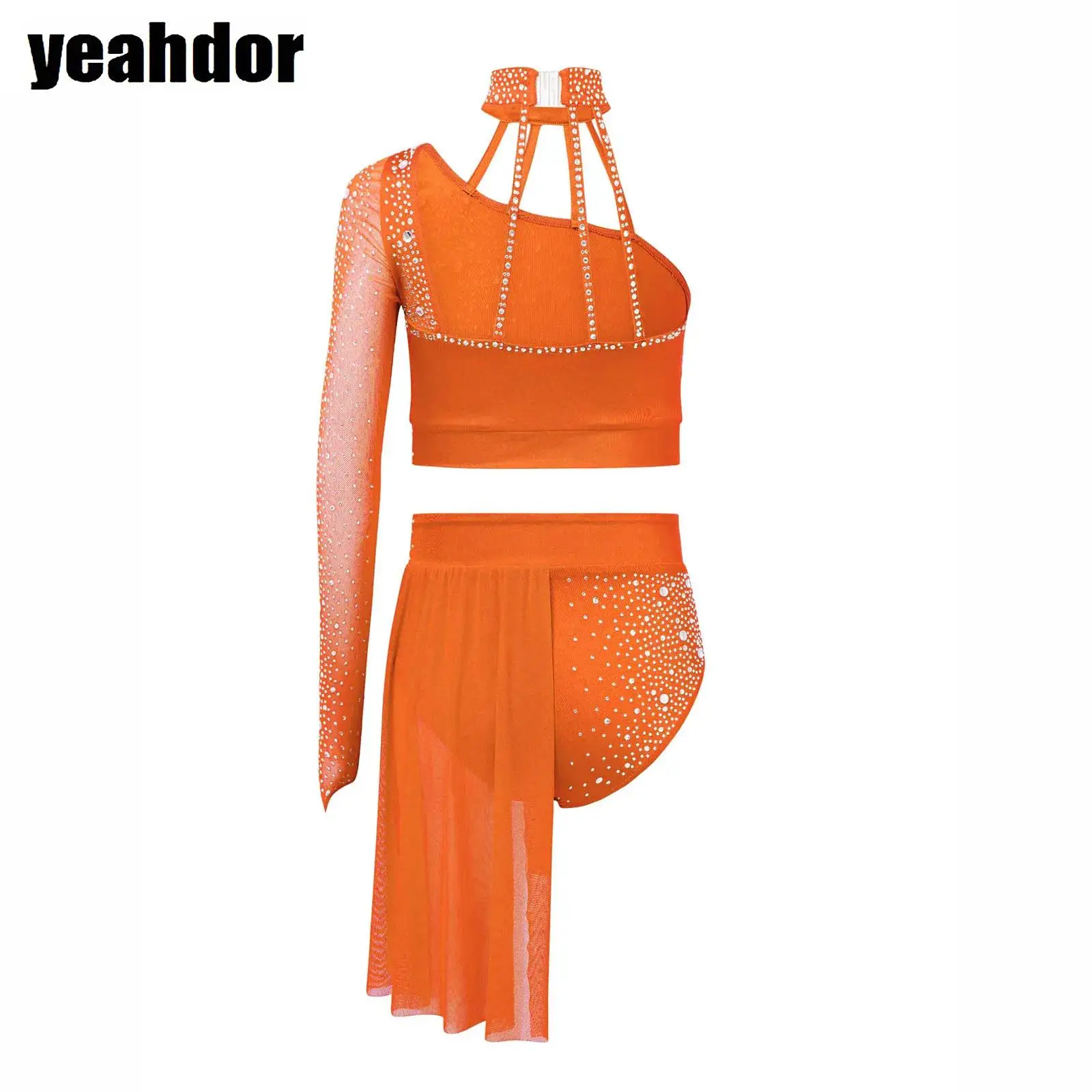 

Girls Lyrical Dance Outfit One Shoulder Rhinestone Crop Top with Skirts Modern Contemporary Jazz Ballet Gymnastics Dance Costume