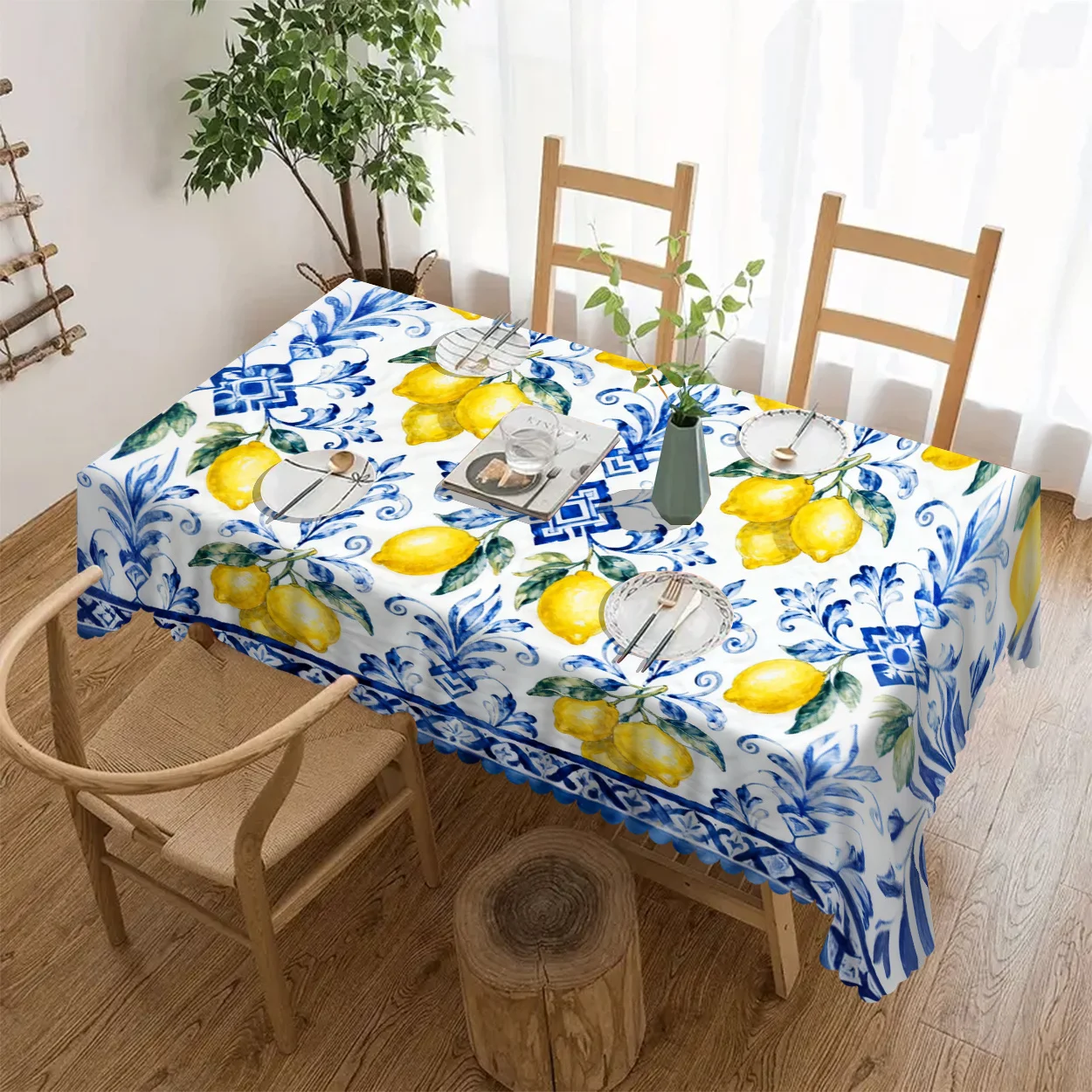 1pc Tablecloth with Blue Floral and Lemon Print, for Home Kitchen, Parties, Festivals, Indoor and Outdoor Use, Home Decor