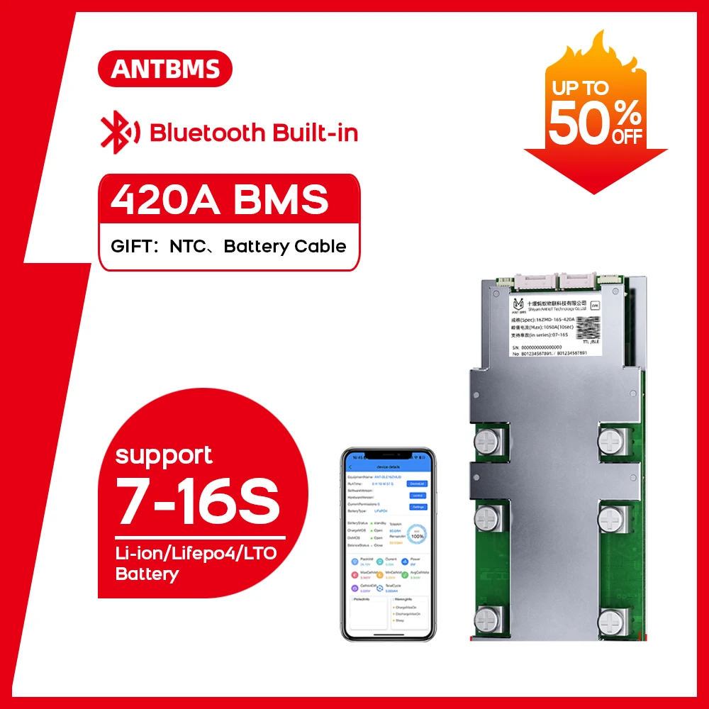 ANT smart BMS 7S-16S continuous 420A peak 1050A Lifepo4 Li-ion Battery smartbms 24V 36V 48V 60V Bluetooth Built-in smart balance