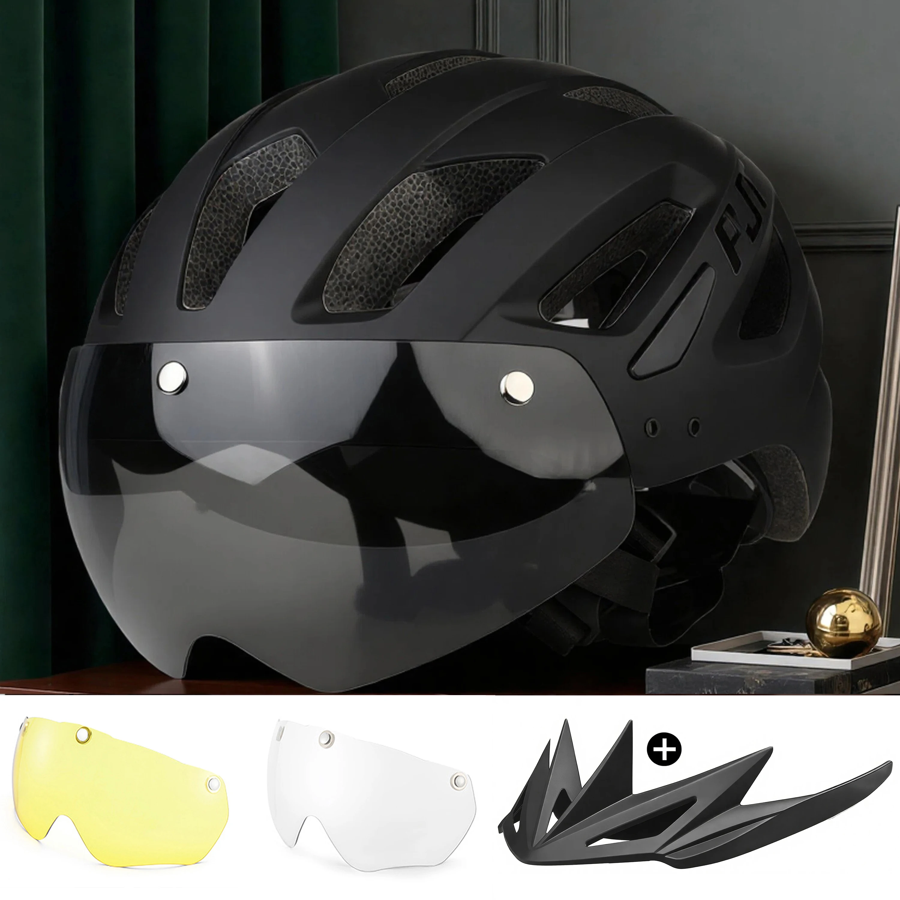 PJT Neuer Fahrradhelm mit Licht für Straße und MTB, Mountainbike-Brille / Sonnenschutz-Helm L für Männer und Frauen, Fahrradhelm mit Sonnenschutz