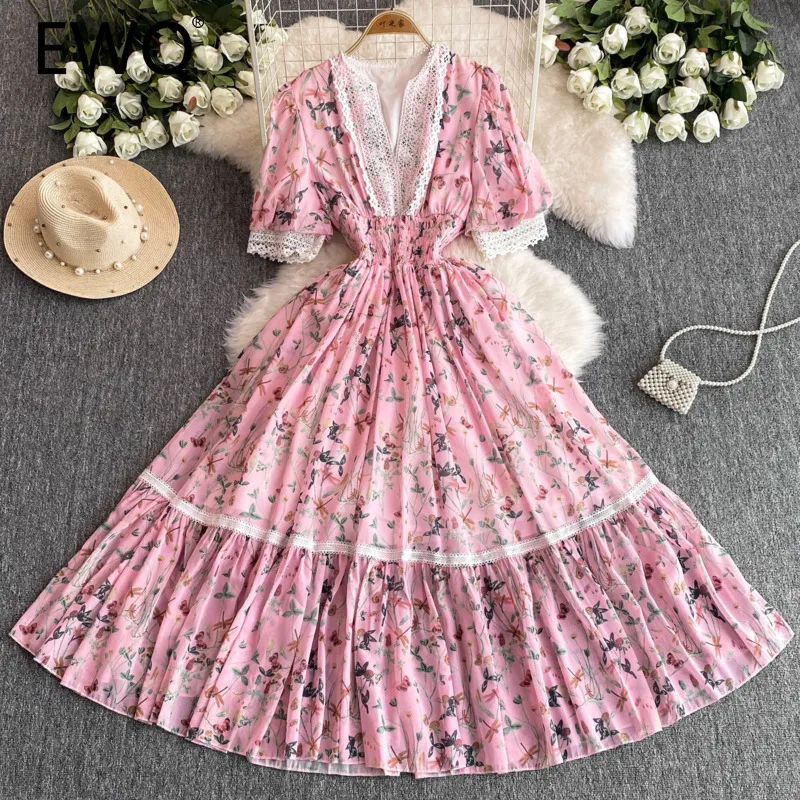 

EWQ Fashion Flower Print Lace Spliced Dress Women Sweet V-neck Gathered Waist Short Sleeve A-line Dresses 2024 Summer New 27X423