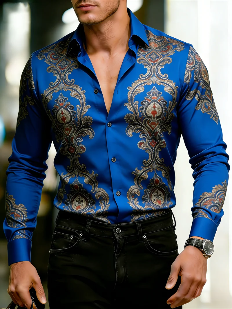 

New men's long sleeved shirt with 3D printed collar button and ethnic style pattern casual long sleeved top