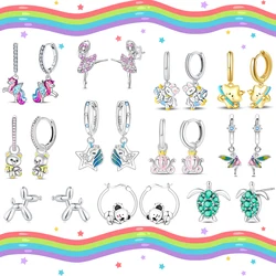 Cute Animal Series 925 Sterling Silver Fish,Giraffe & Unicorn Hoop Earrings For Kids Christmas Jewelry Earrings Gift