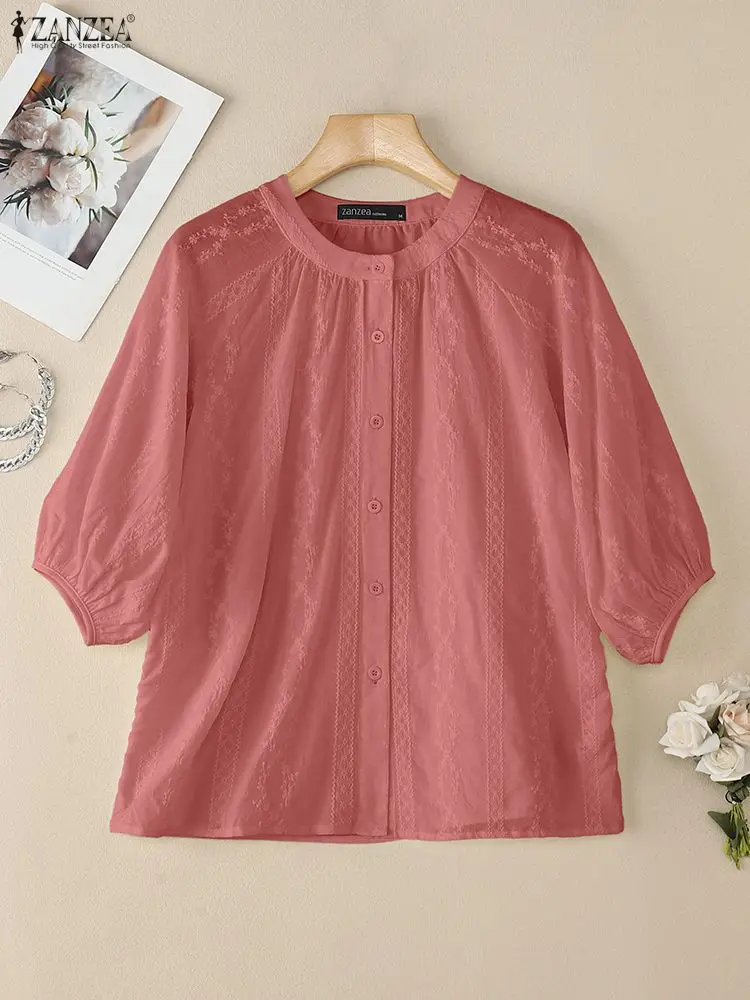 Elegant Shirts 2025 ZANZEA Summer Embroidered Blouse Women Casual O Neck Half Sleeve Work Blusas Loose Chemise Button Tops Tunic
