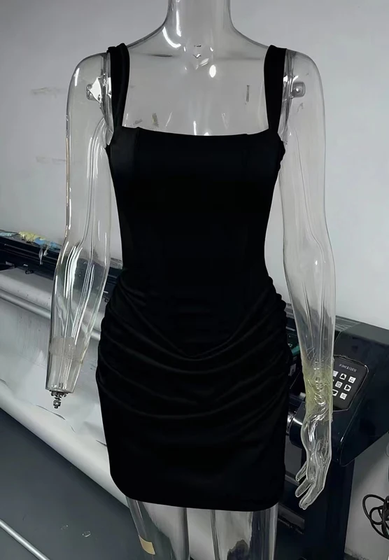 Rückenfreies, gerafftes, sexy figurbetontes Minikleid für Damen, elegantes Bandage-Kleid mit eckigem Ausschnitt, ärmellos, französischer Stil, süßes Club- und Partykleid – Detail 13