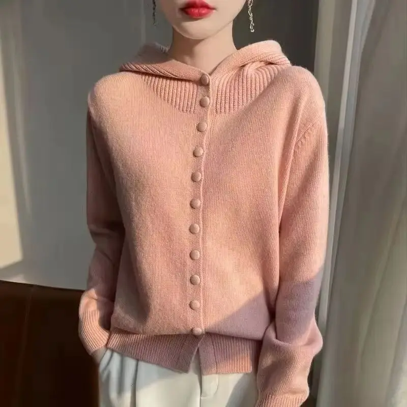 

utumn Winter 2025 New Korean Button Hooded Knitting Cardigan Women's Sweater Jacket Loose High Quality Sweater Coat Ladies Tops