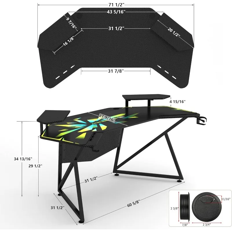 Gaming Desk with Removable Speaker Stand, Gaming Desk with Headphone Stand, Cup Holder for Live Streamer