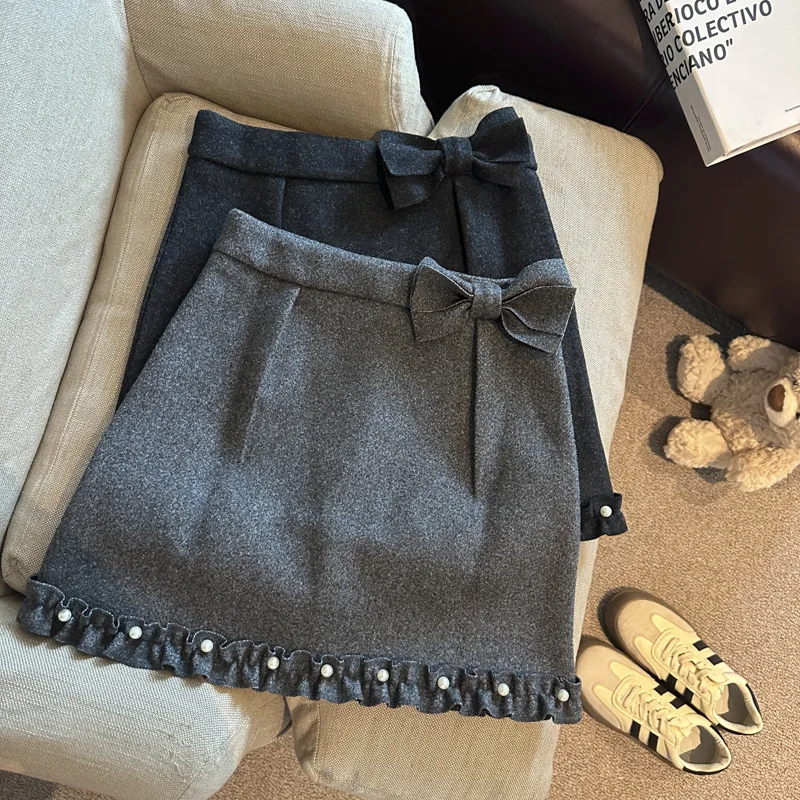 

Korean autumn and winter new style French lady high waist bow nail bead half skirt sweet age reducing A-line short skirt