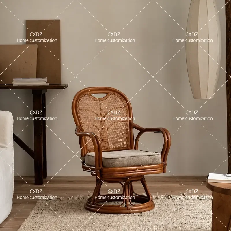 Japanese Rattan Chair Rotatable Single Small Sofa Tea Room Leisure Home Balcony Back Recliner