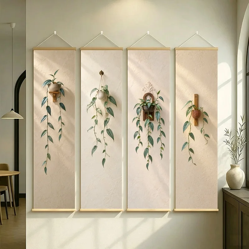 Botanical Wall Art 4-Panel Blue Green Leaf Pot Hanging Scroll Set on Cream Silver Shimmer Canvas for Modern Bedroom Decor