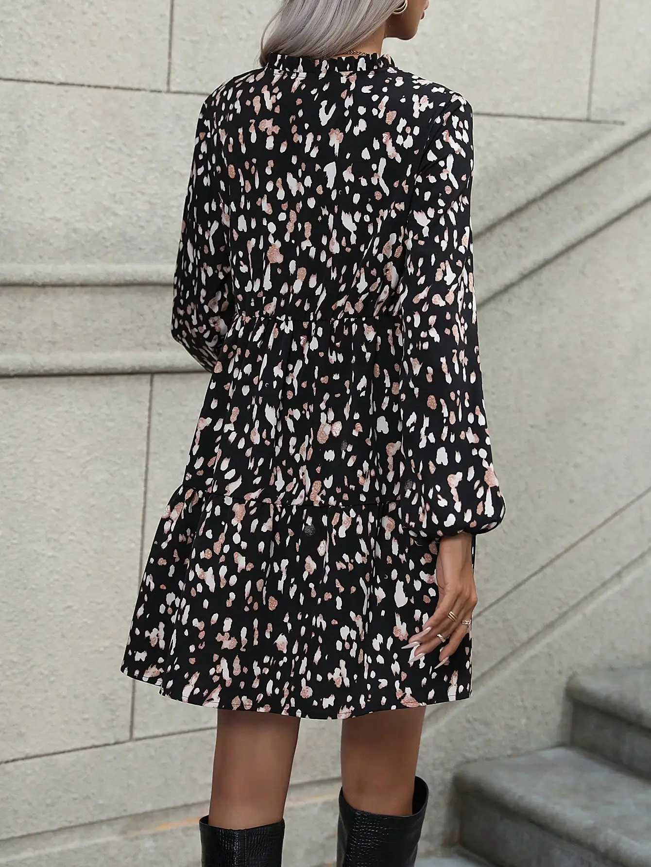 Women 100% Polyester Woven Abstract Spot Print Mini Dress Ruffle V‑Neck Lantern Sleeve Tiered Loose A‑Line Daily Dress