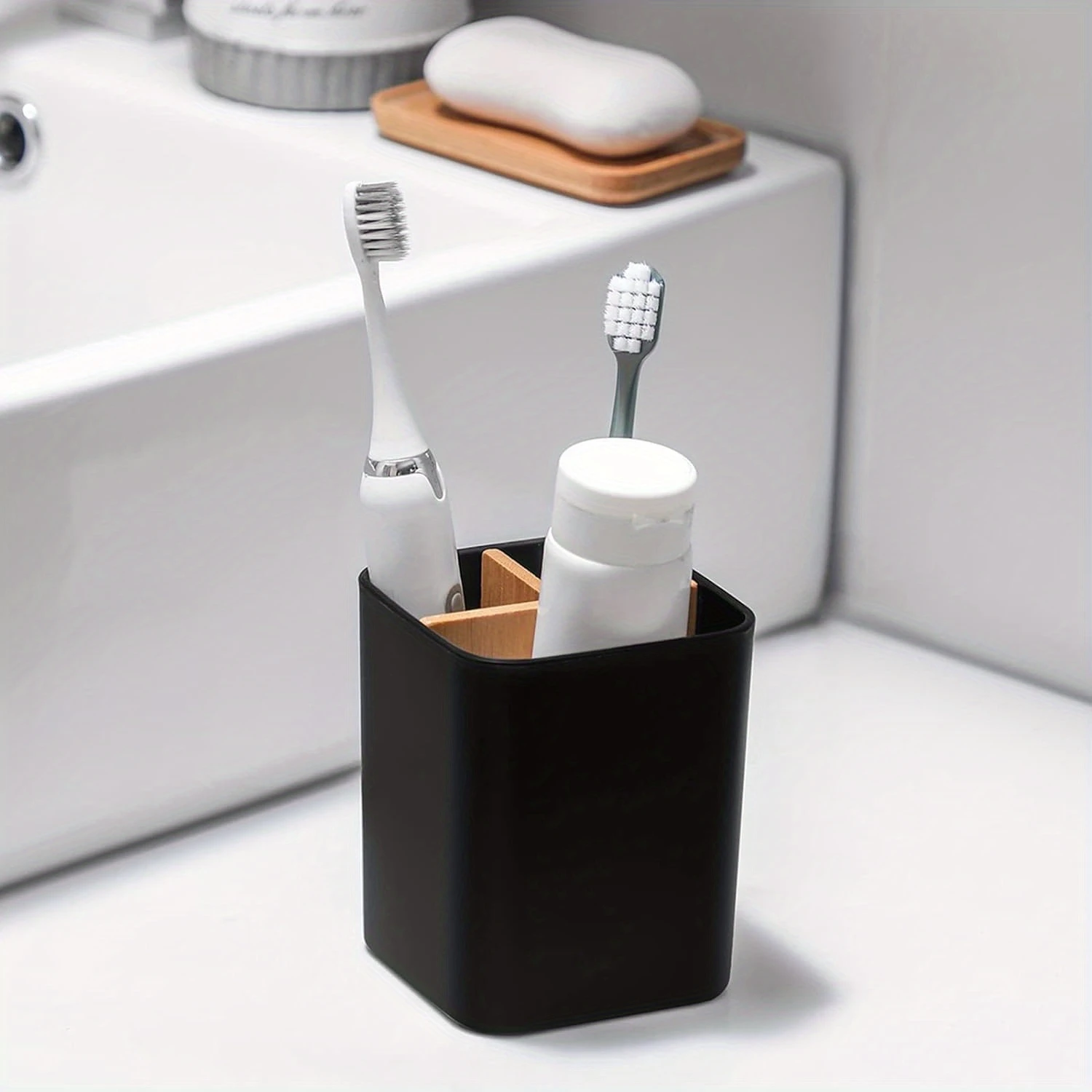 3-Slot Black Toothbrush & Toothpaste Holder - Freestanding Bathroom Organizer For  Toothbrushes, Floss, Razors Toothbrush Holder