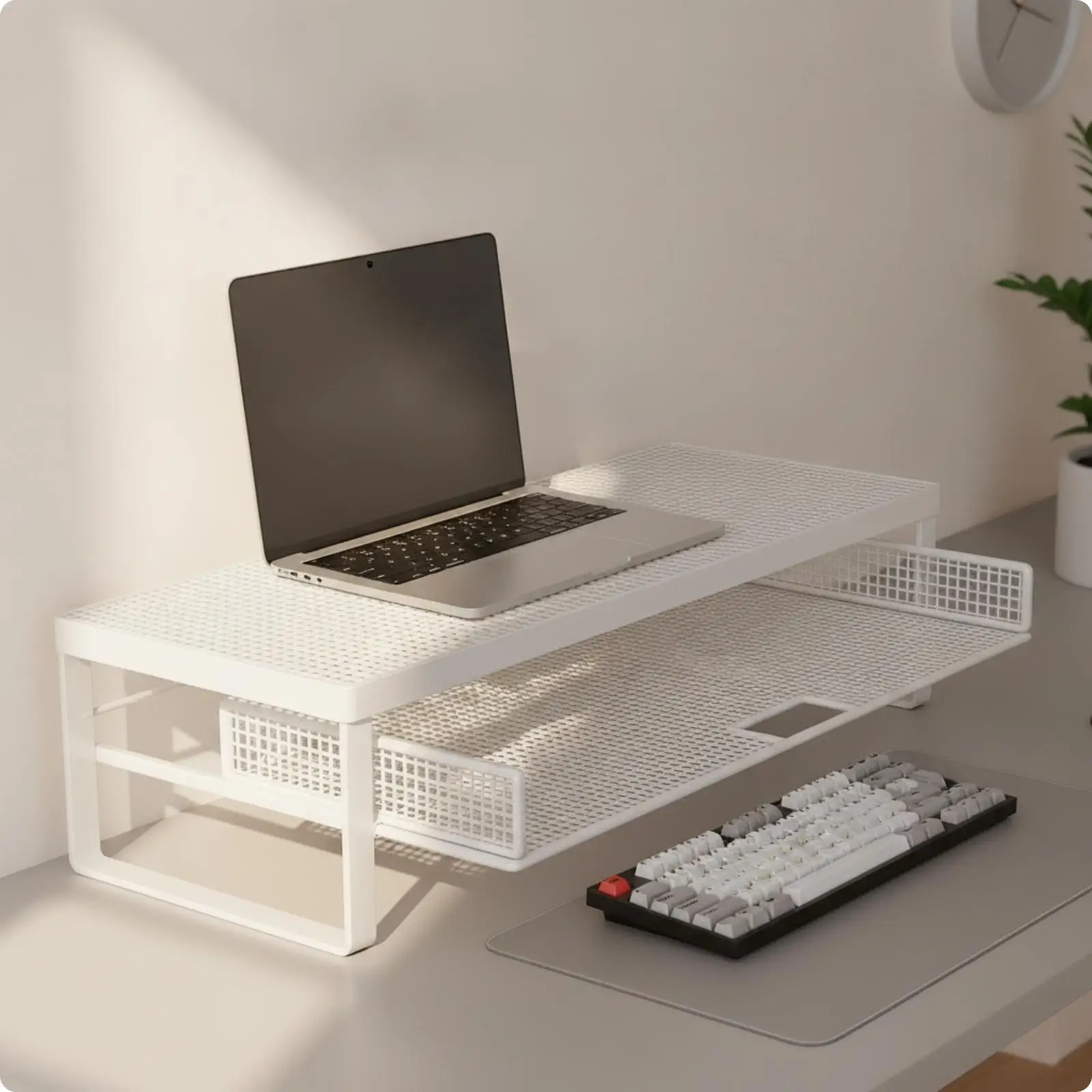 Cooling Laptop Riser with Pull Out Tray for Keyboard and Desk Items Elevated Computer Stand for Workspace Organization