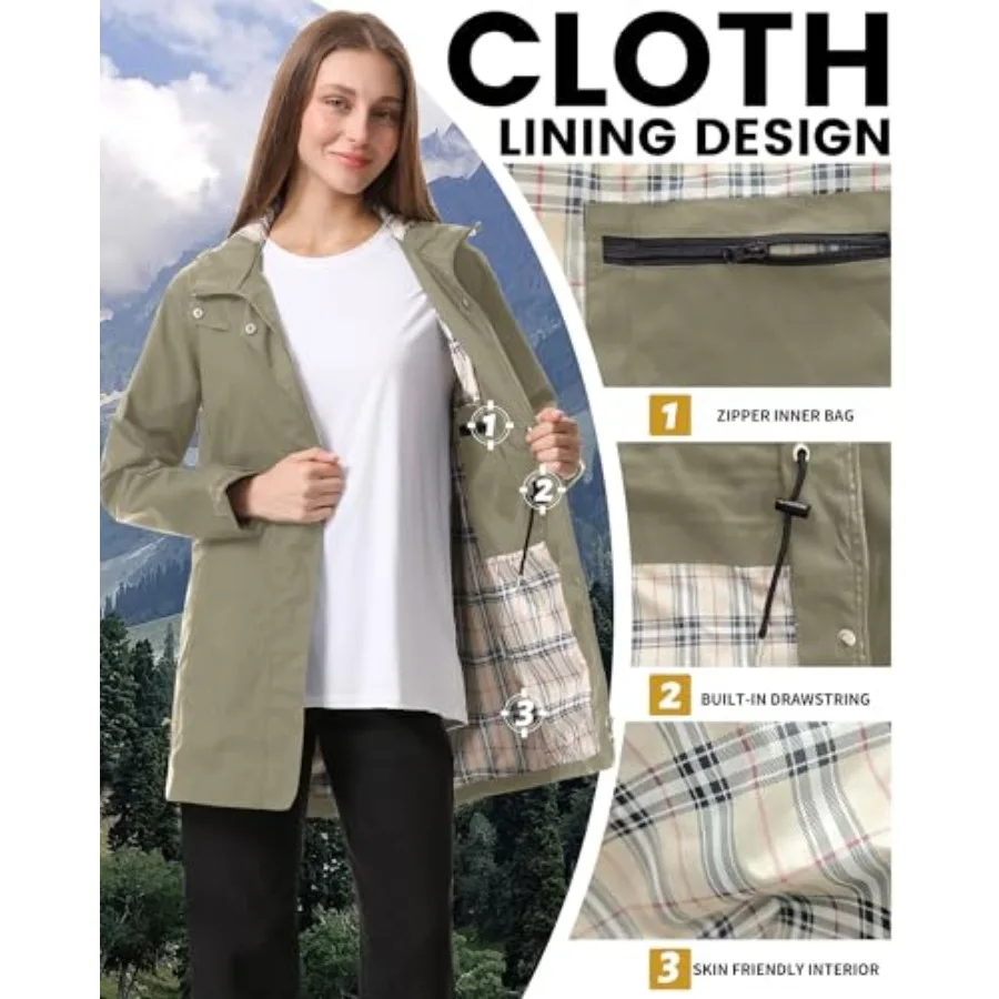 iCreek Women's Rain Jacket Packable Long Raincoat Hooded Plaid Lined Trench Coat Waterproof Windproof Lightweight for Outdoor view 5