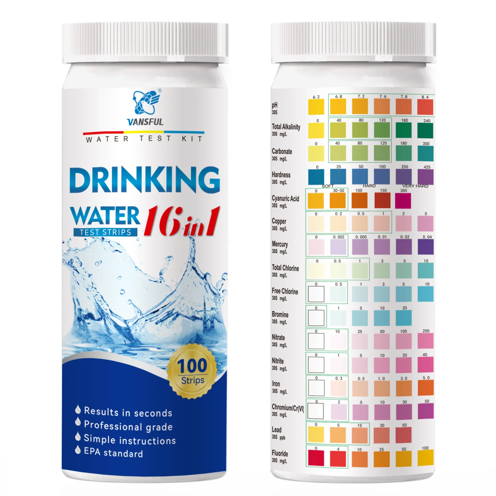 

VANSFUL 16 in 1 Drinking Water Test Kit Testing Drinking Water Quality with Mercury, Copper and Carbonate Strips