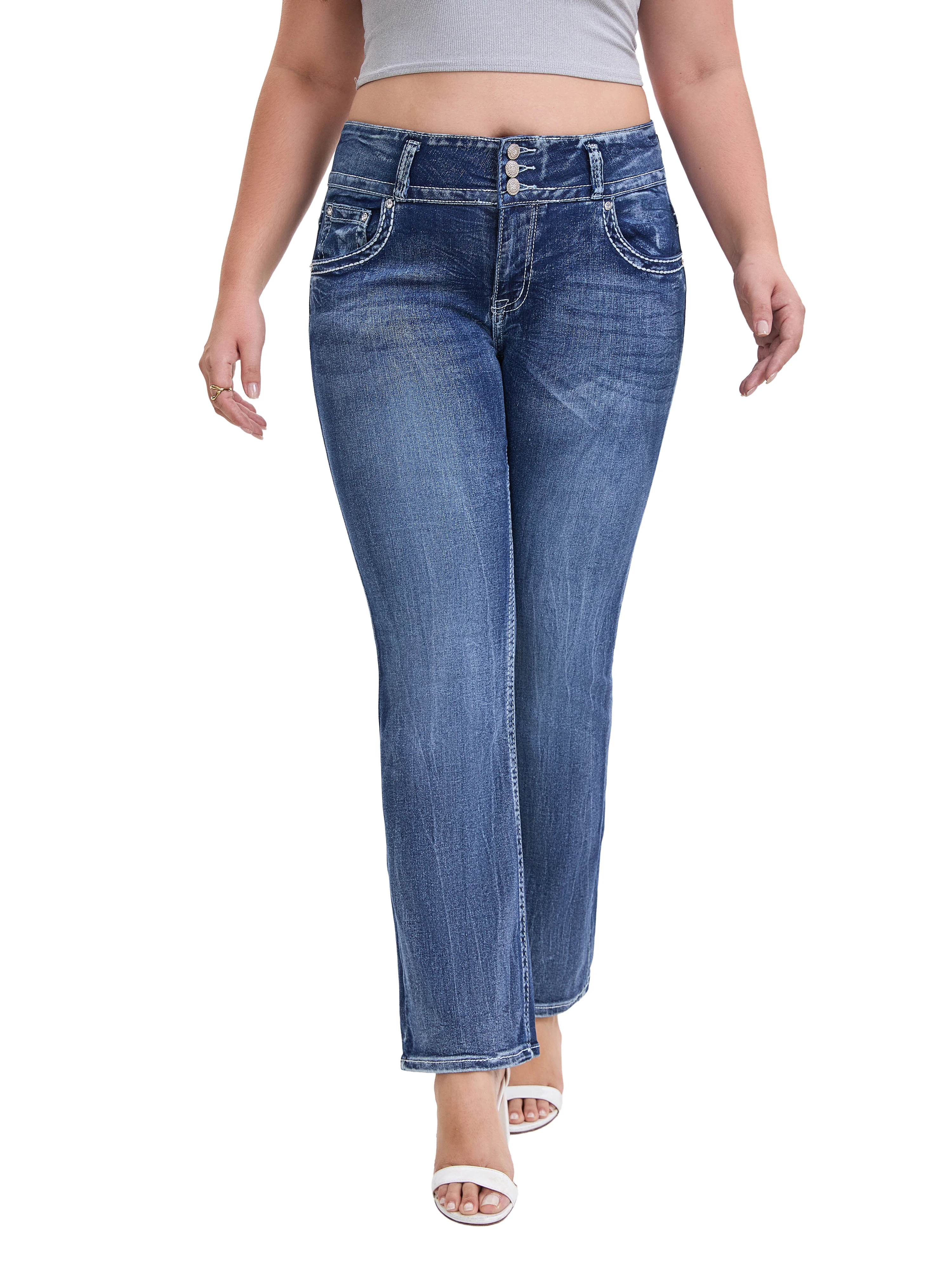 

Embroideded Flare Jeans Women Mid-rise High Strecth Five Pockets Moustache Effect Design High-street Vibe Flare Dragging Pants