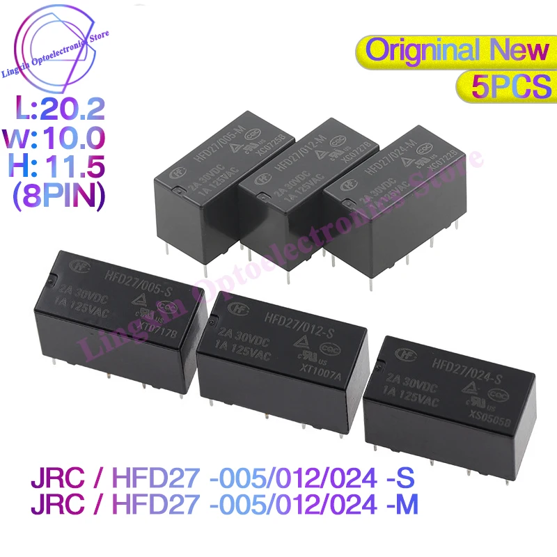 5pcs HFD27/005/012/024 -S -M Relay JRC-27F HFD27-005-S JRC-27F-HFD27-012-S JRC-27F-HFD27-024-M 30V 2A 8Pin 5V 12V 24V DC relays