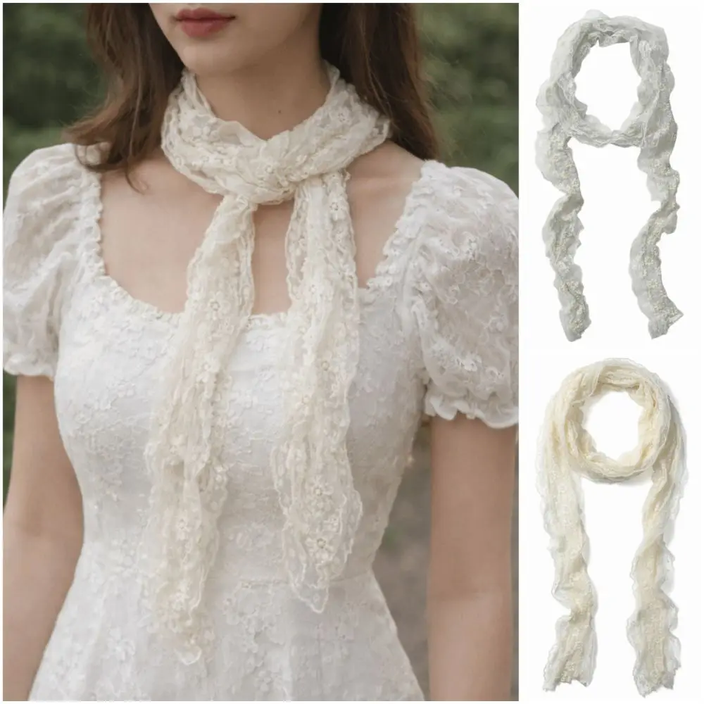 Trendy Flower Lace Neck Scarf White Beige Lace Edge Ribbon Headband Long Slim Versatile Hairband Spring Summer