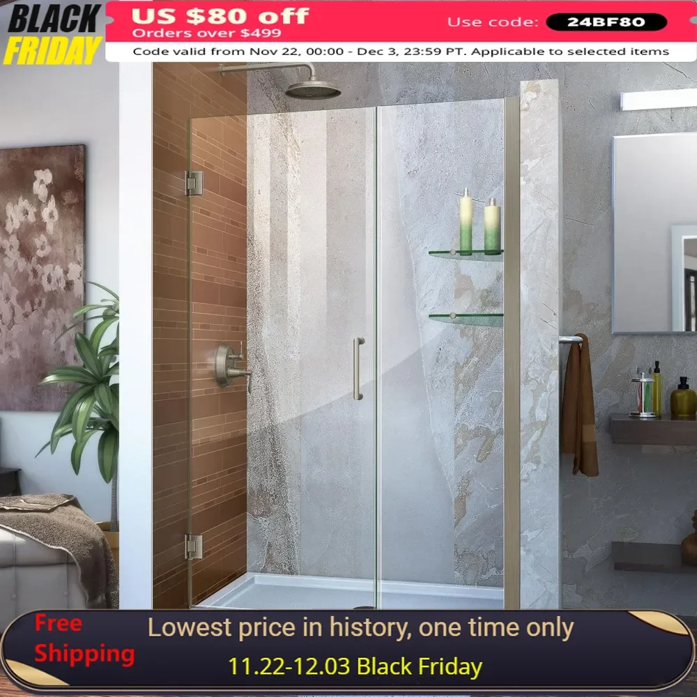 

Shower Door, Frameless Hinged, 46-47“ X 72” with Shelf, Brushed Nickel, 3/8"(10mm) Tempered Glass, Bathroom Shower Door