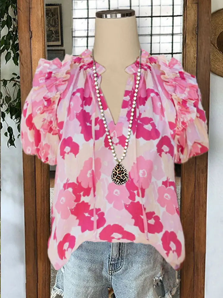 Pleated Ruffle Puff Sleeve Floral Print V-neck Top Pink Split Neck Ruffled Puff Sleeves Floral Blouse