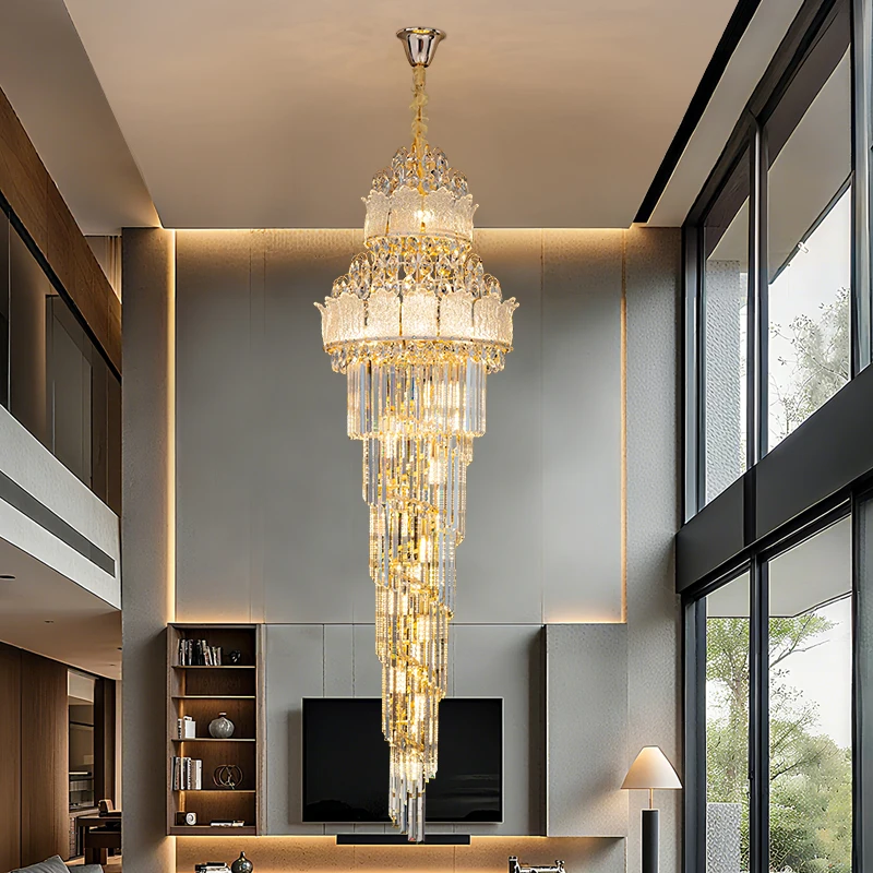 

Duplex Floor Long Chandelier With High Ceilings, Mezzanine Lobby, Post-modern Villa, Light Luxury Living Room, Crystal Chandelie