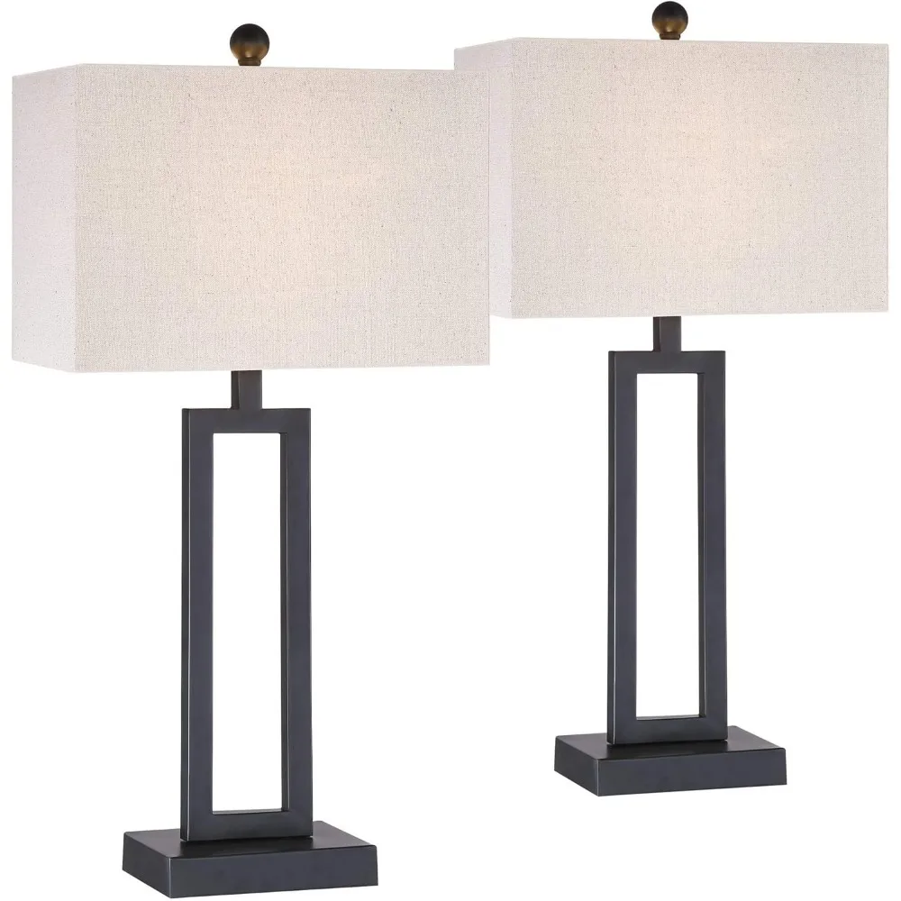 مصباح طاولة صناعي حديث بطول 30.5 بوصة من المعدن البني البرونزي المستطيل باللون الأبيض لديكور غرفة النوم وغرفة المعيشة