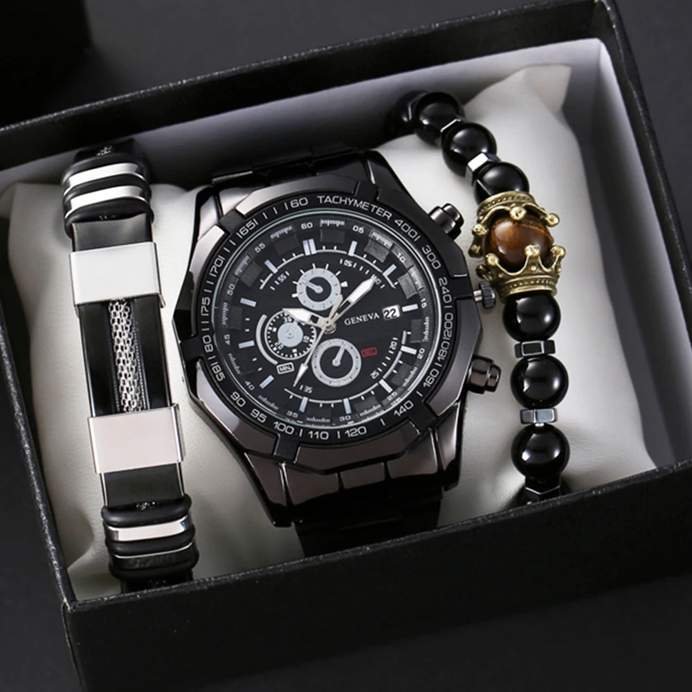 Orologi da uomo Top Brand Luxury Gold Black Steel orologio al quarzo da uomo Business orologio da polso militare Relogio bracciale maschile 3 pezzi con scatola