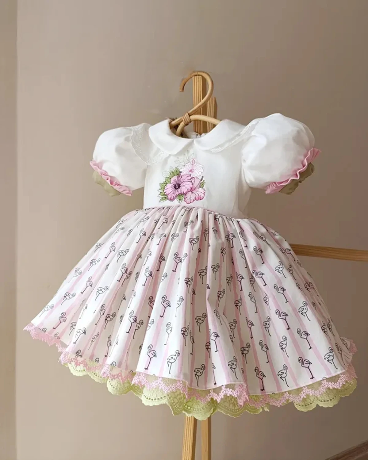 Summer Girl Flower Embroidery Flamingo Print Pink Green Contrast Puffy Dress for Casual Party Birthday Wedding Photography