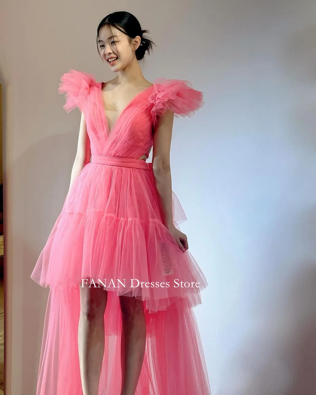 

FANAN Deep V-Neck Evening Party Dresses Korea Tulle Short Sleeves High-low Pink Wedding Women Formal Gowns Event Prom Gowns