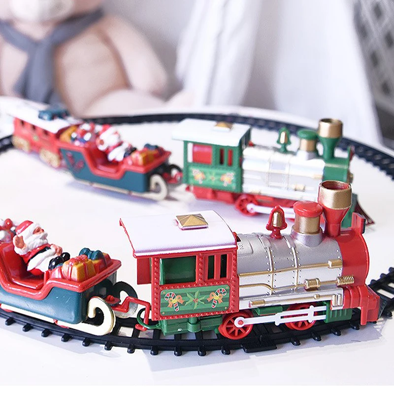 Christmas Train Electric Toys Christmas Tree Decoration Train Track Frame Railway Car with Sound&Light Rail Car Christmas Gifts