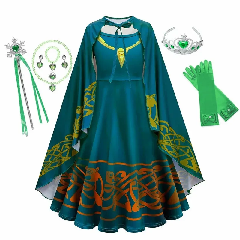 Костюм храбрых мериды для девочек, рождественское платье принцессы, детский карнавальный костюм Fantasia, детский карнавальный костюм на день рождения, Хэллоуин, парик