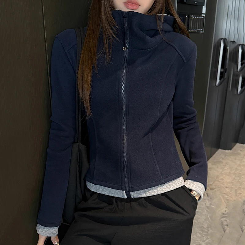 American Hooded Slim Long Sleeve Coat Women Mixed Color Zipper Up Stand Collar Warm Jackets Woman Korean Sport Coats Female