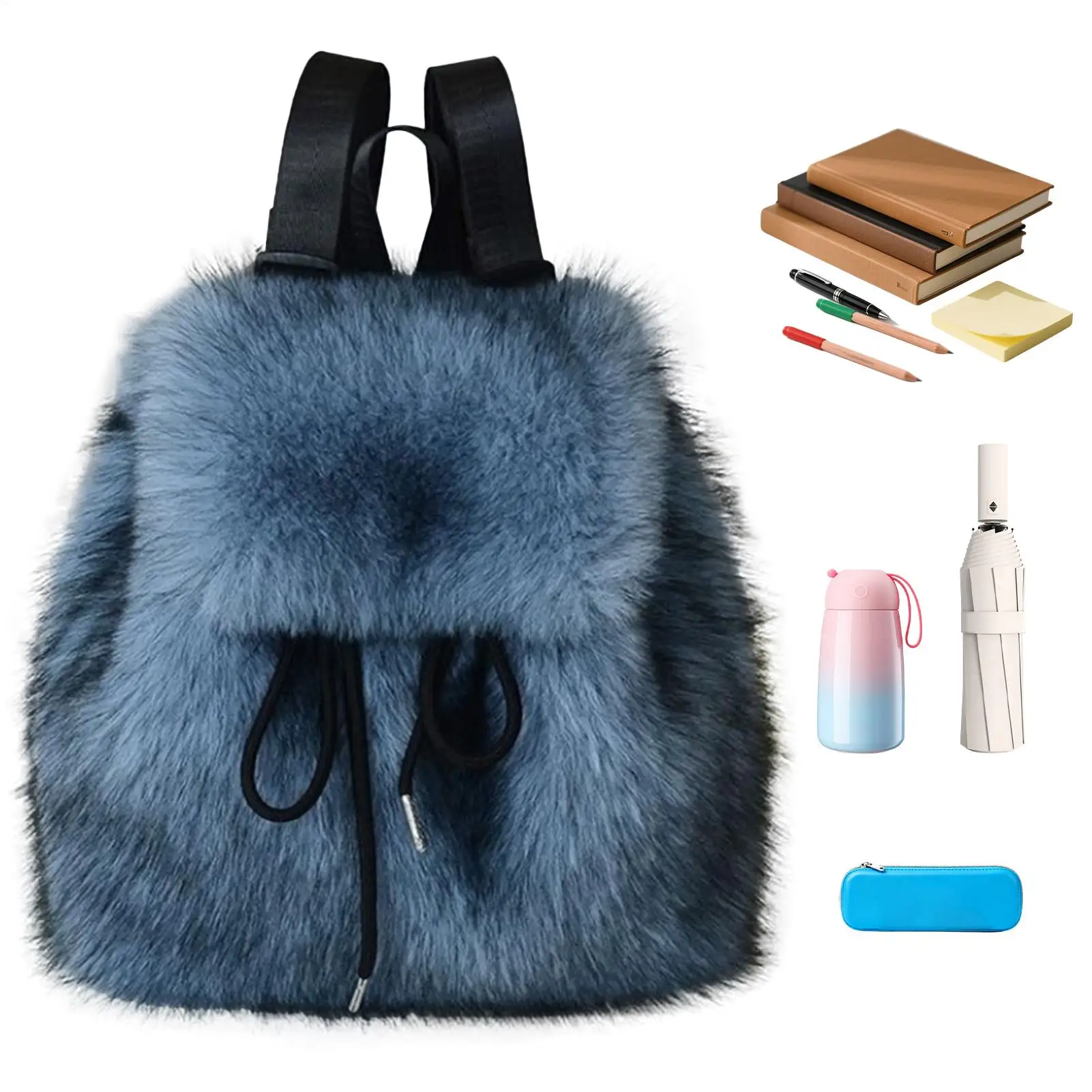 Flauschiger Rucksack, modischer Kunsthaar-Rucksack mit Kordelzug, Plüsch-Rucksack mit verstellbarem Schultergurt für Mädchen, Winterreisen