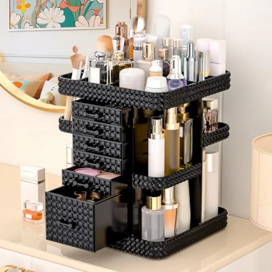 

360 Rotating Makeup Organizer for Vanity, Large Skin Care Organizer with 6 Drawers Acrylic Cosmetic Organizer Adjustable Spinni