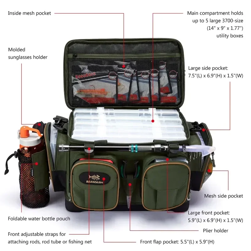 Fishing Tackle Shoulder Bag, Water Resistant Lightweight Gear Storage Pack with Hard Molded Bottom & Rain Cover