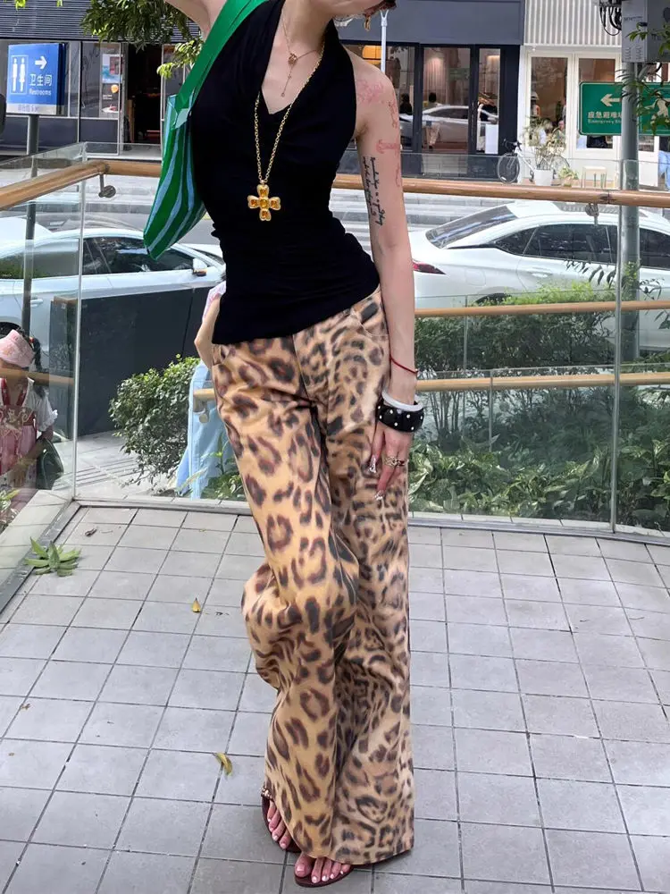 2024 Hotsweet Cyber Y2K Fashion Leopard Low Waist Slim Flare Jeans Pants For Women 90S Vintage Clothes New Rock Lady Trousers